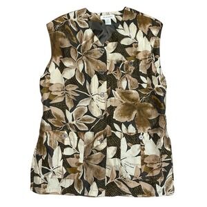 Vintage Bogari 100% Silk Floral Vest Sz M‎ Brown Neutral
